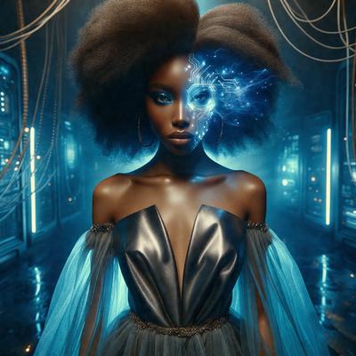 The primary subject of the image is a woman with a unique hairstyle, featuring a mix of natural and digital elements. She is wearing a black dress and has a blue gown on. The setting is a futuristic environment, possibly a space station or a high-tech facility. The visual style of the image is a combination of photo and digital art, creating a striking and intriguing scene. The colors and mood of the image are predominantly blue, which adds to the futuristic and technological atmosphere.